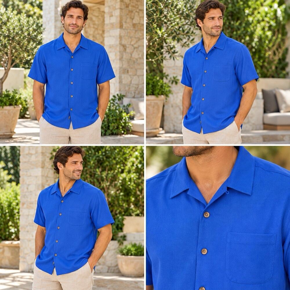 Tommy Bahama Camp Shirt Mens Large Royal Blue Short Sleeve Button Up Resort